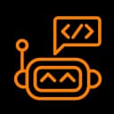 An icon of a robot head with code in a speech bubble to represent the AI Code Generation software category.
