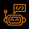 An icon of a robot head with code in a speech bubble to represent the AI Code Generation software category.