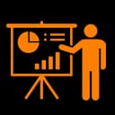 An icon of a man in front of a presentation to represent the AI Design and Presentations software category.