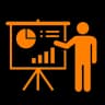 An icon of a man in front of a presentation to represent the AI Design and Presentations software category.