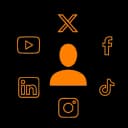 An icon of a person surrounded by common social media icons to represent the AI Social Media Management software category.
